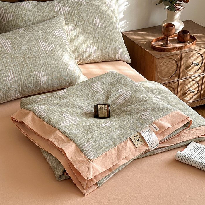 91家纺网 家纺一手货源 找家纺 吾诺 2025 全棉色织提花三层纱大豆夏被全棉夏被子被芯空调被夏凉被 蝶舞-绿