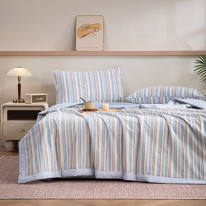 91家纺网 家纺一手货源 找家纺 吾诺 2025 全棉色织水洗棉夏被大豆夏被四件套被子被芯空调被夏凉被 彩条兰