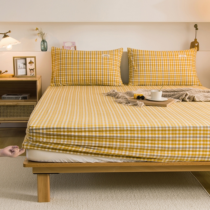 91家纺网 家纺一手货源 找家纺 柠萌家居 2025新款A类全棉色织水洗棉单床笠 姜黄小格