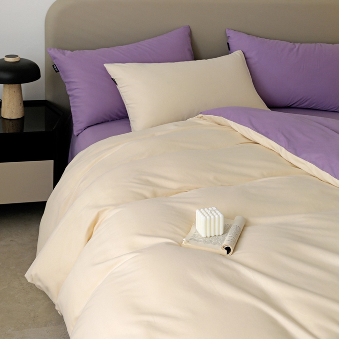 91家纺网 家纺一手货源 找家纺 2025年纯色双拼60支纯棉被套 奶白+丁香紫