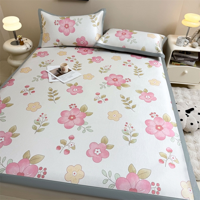 91家纺网 家纺一手货源 找家纺 雯豆2025夏季新品冰藤印花凉席三件套平铺绑带款冰丝凉席三件套 冰藤席-绑带款-梦人花香