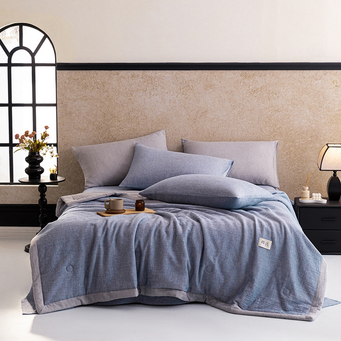 91家纺网 家纺一手货源 找家纺 吾诺 2025 纯色全棉泡泡双层纱夏被大豆夏被子被芯夏被四件套夏凉被空调被 复古蓝