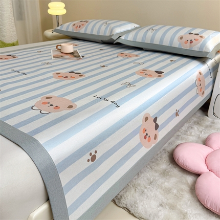 雯豆2025夏季新品冰藤印花凉席三件套平铺绑带款冰丝凉席三件套 冰藤席-绑带款-熊先生