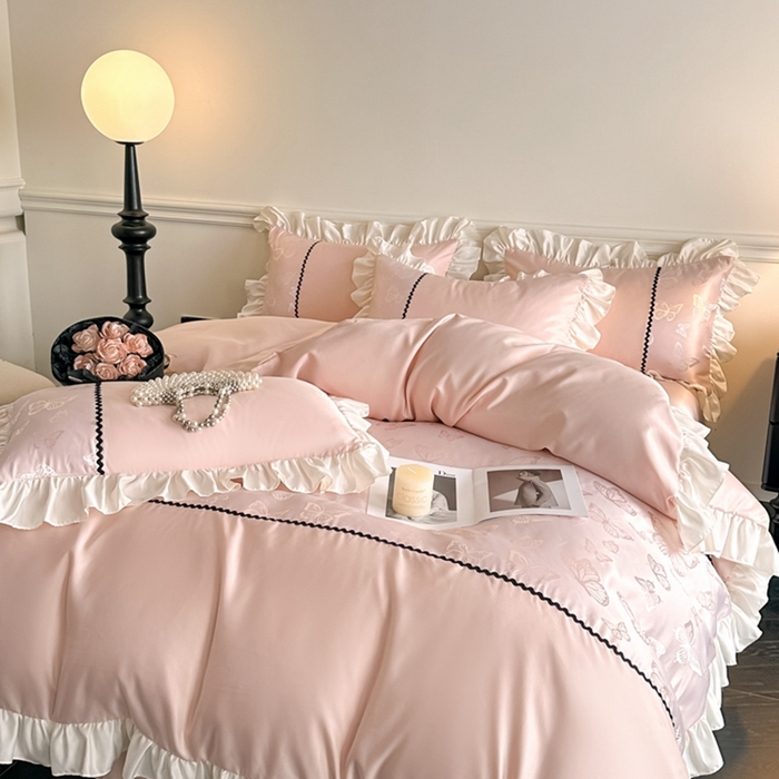 91家纺网 家纺一手货源 找家纺 （总）米彩家纺 2025新款A类水洗真丝亮光浮雕花边四件套