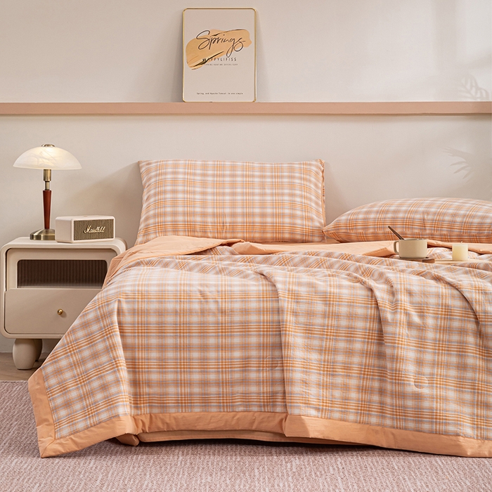 91家纺网 家纺一手货源 找家纺 吾诺 2025 全棉色织水洗棉夏被大豆夏被四件套被子被芯空调被夏凉被 桔色格