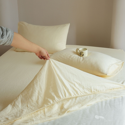 91家纺网 家纺一手货源 找家纺 （总）简纯主义 2025新款全棉有机雾感纱双层皱皱纱系列单床笠