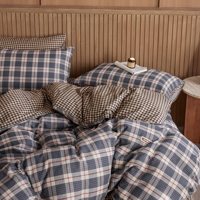 91家纺网 家纺一手货源 找家纺 安莱生活 2025 全棉双层纱苏格兰格纹系列四件套 集组格