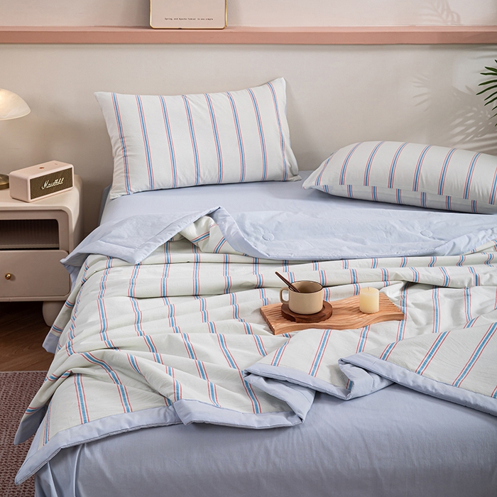 91家纺网 家纺一手货源 找家纺 吾诺 2025 全棉色织水洗棉夏被大豆夏被四件套被子被芯空调被夏凉被 新彩条