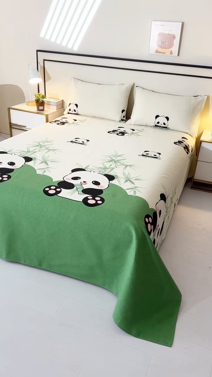 91家纺网 家纺一手货源 找家纺 望淮家纺 2025新款老粗布凉席床单三件套 熊猫抱竹