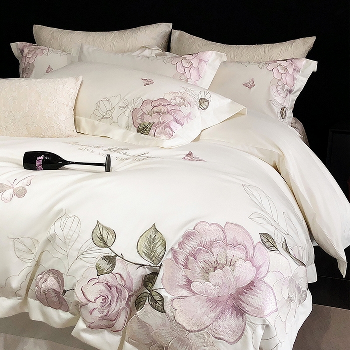 91家纺网 家纺一手货源 找家纺 2025新款全棉50s绣花刺绣款四件套 花拾-白