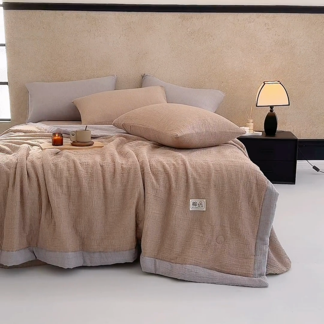 91家纺网 家纺一手货源 找家纺 吾诺 2025 纯色全棉泡泡双层纱夏被大豆夏被子被芯夏被四件套夏凉被空调被 奶茶棕