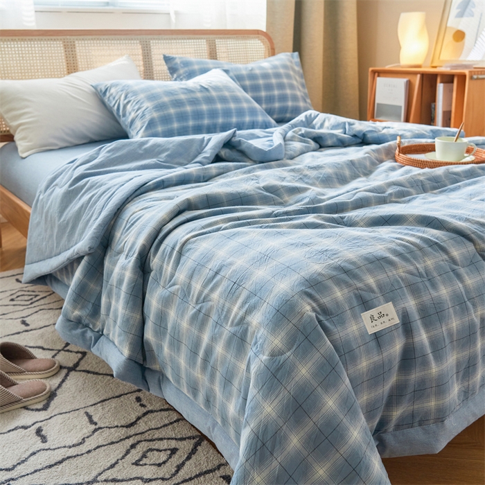 91家纺网 家纺一手货源 找家纺 2025新款A类纯棉水洗棉色织棉花夏被四件套全棉空调被夏凉被 海蓝格