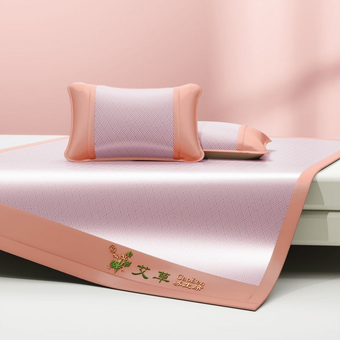 91家纺网 家纺一手货源 找家纺 2025新款艾草养生席凉席冰丝席-饼干花系列 樱花粉-床席
