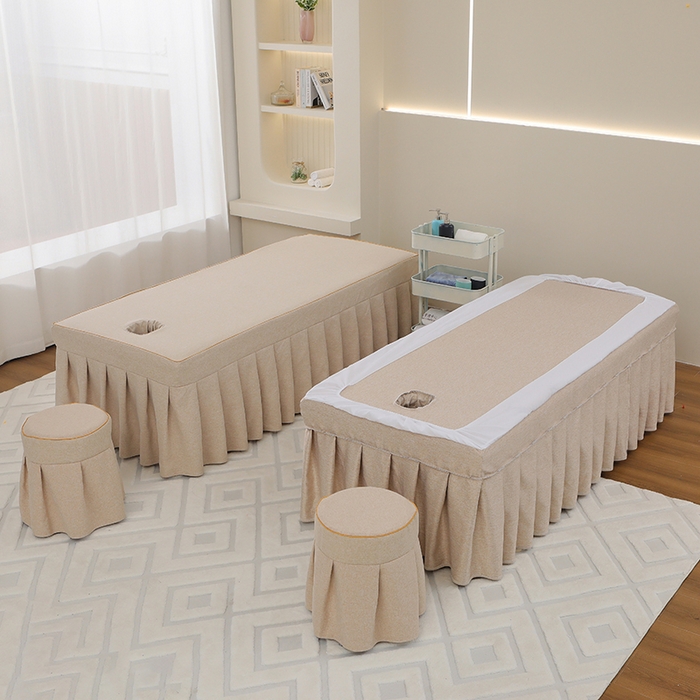 91家纺网 家纺一手货源 找家纺 芙怡 2025春夏新款8026款棉麻绒美容床罩四件套-山茶花系列 山茶花-米黄