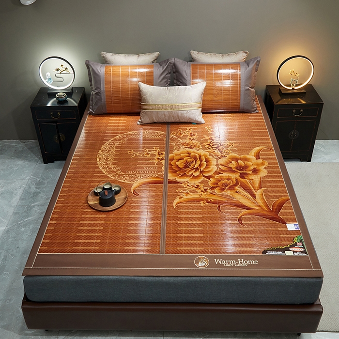 91家纺网 家纺一手货源 找家纺 苏迪凉席竹席2025新款竹席凉席冰丝席碳化双面印花藤草席 花好月圆