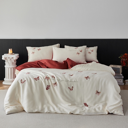 91家纺网 家纺一手货源 找家纺 安莱生活 2025兰精进口60S天丝绣花四件套（红色系列） 绮梦红蝶