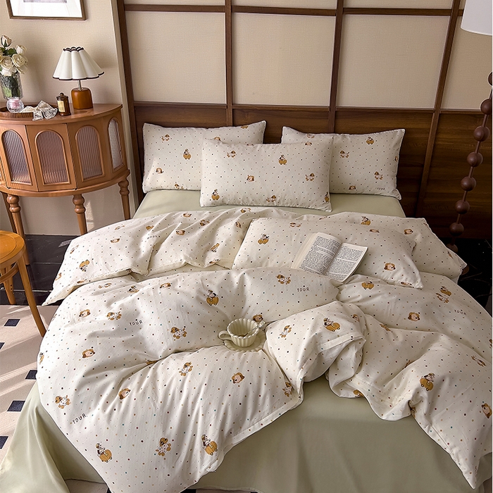 91家纺网 家纺一手货源 找家纺 优品阁  2025新款A类全棉有氧双层纱四件套 彩星汪汪