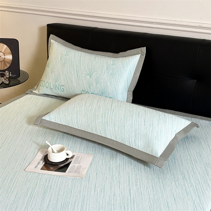 91家纺网 家纺一手货源 找家纺 雯豆2025中分子PE凉感冰丝凉席三件套平铺绑带款席子 银杏叶PE席-蓝