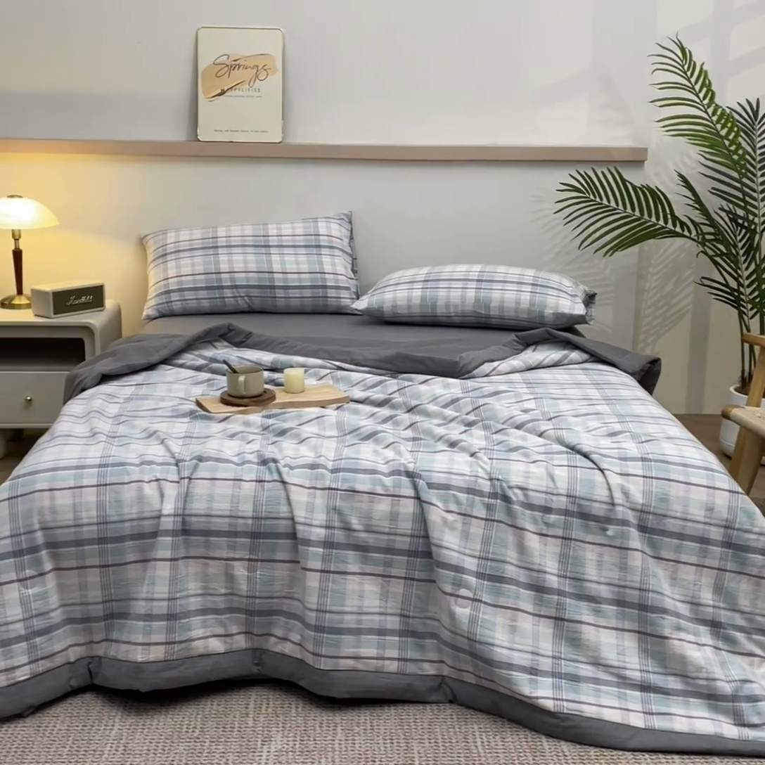 91家纺网 家纺一手货源 找家纺 吾诺 2025 全棉色织水洗棉夏被大豆夏被四件套被子被芯空调被夏凉被 兰粉格