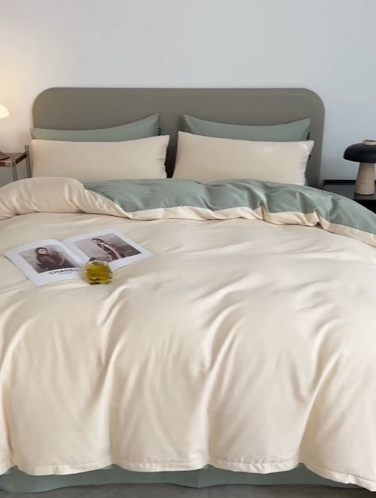 91家纺网 家纺一手货源 找家纺 2025年纯色双拼60支纯棉被套 奶白+抹茶绿