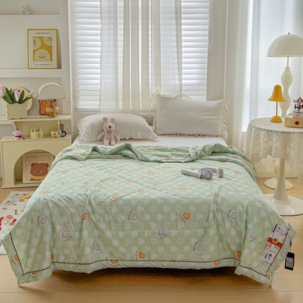 莎臣豹 2025新款小清新水洗棉花边夏被 爱心-绿