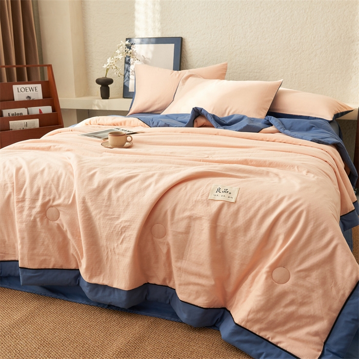 91家纺网 家纺一手货源 找家纺 2025新款新款A类纯棉双层纱大豆夏被四件套全棉空调被 玉色