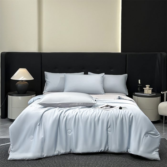 91家纺网 家纺一手货源 找家纺 金鹰 2025新款A类莱赛尔50天丝拼色空调被大豆夏被四件套 天蓝