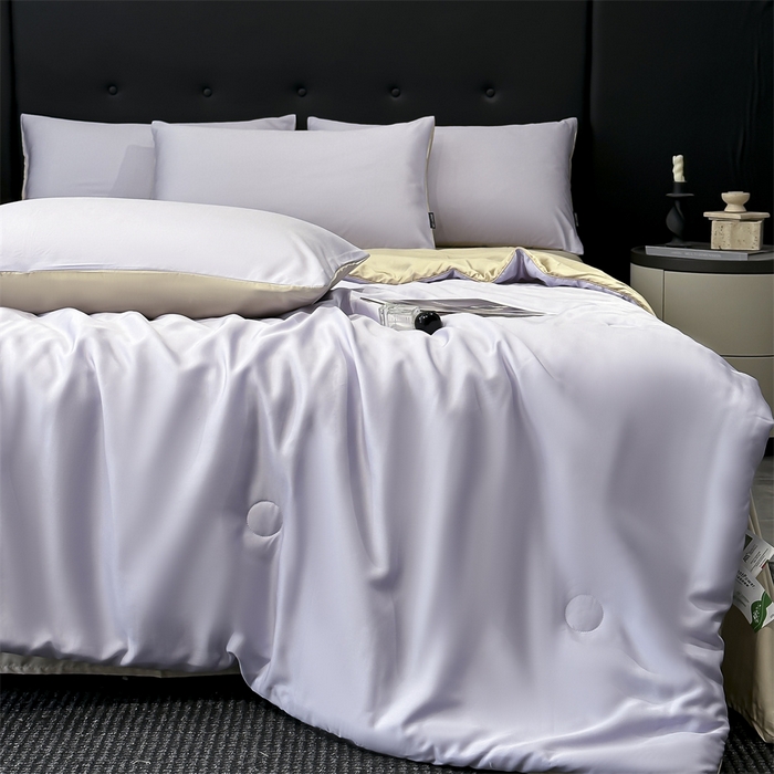 91家纺网 家纺一手货源 找家纺 金鹰 2025新款A类莱赛尔50天丝拼色空调被大豆夏被四件套 优雅紫