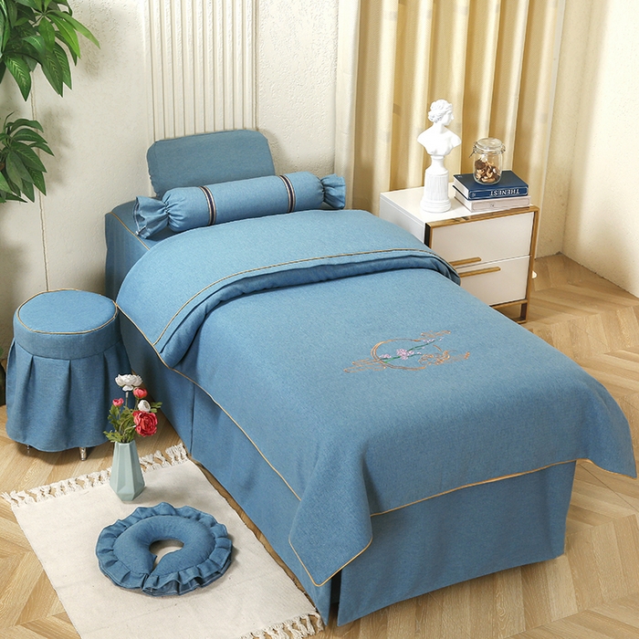 91家纺网 家纺一手货源 找家纺 芙怡 2025春夏新款8023款棉麻绒美 容床罩-花颜系列 花颜-湖蓝