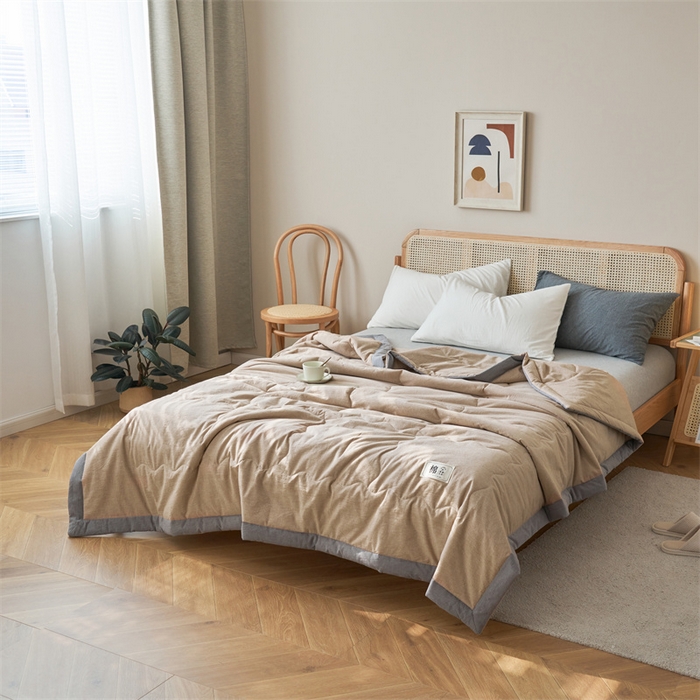 91家纺网 家纺一手货源 找家纺 金鹰 2025新款A类纯棉水洗棉色织棉花夏被全棉空调被夏凉被 卡其