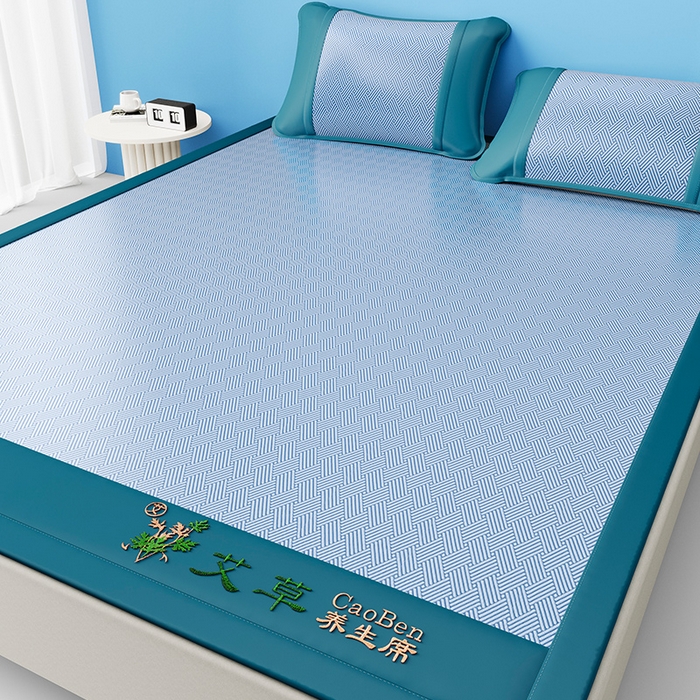 91家纺网 家纺一手货源 找家纺 2025新款艾草养生席凉席冰丝席-饼干花系列 冰川蓝-床席