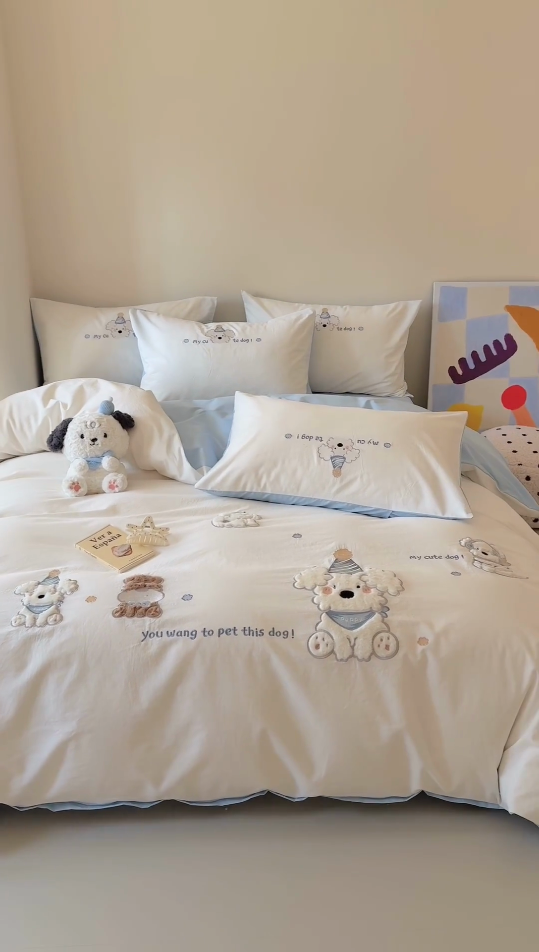 91家纺网 家纺一手货源 找家纺 （总）2025新款全棉水洗棉贴布卡通四件套-泡芙狗狗 