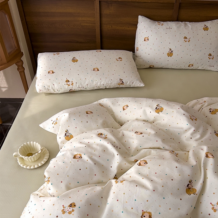 91家纺网 家纺一手货源 找家纺 优品阁  2025新款A类全棉有氧双层纱四件套 彩星汪汪