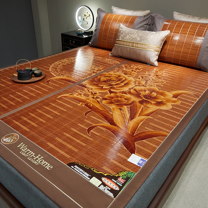 91家纺网 家纺一手货源 找家纺 苏迪凉席竹席2025新款竹席凉席冰丝席碳化双面印花藤草席 花好月圆