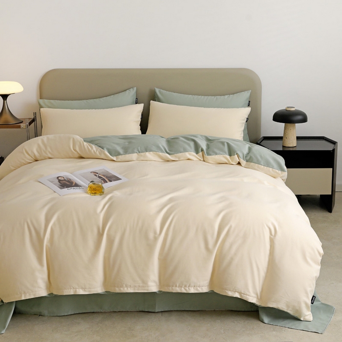 91家纺网 家纺一手货源 找家纺 2025年纯色双拼60支纯棉被套 奶白+抹茶绿