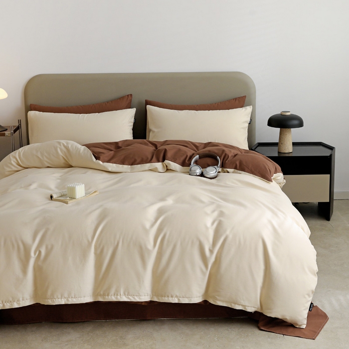 91家纺网 家纺一手货源 找家纺 2025年纯色双拼60支纯棉被套 奶白+亚麻咖