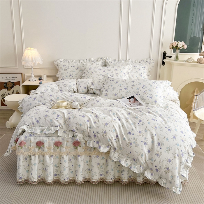 91家纺网 家纺一手货源 找家纺 十个点 2025新款全棉纯棉蕾丝花边床裙四件套 花小莱-紫