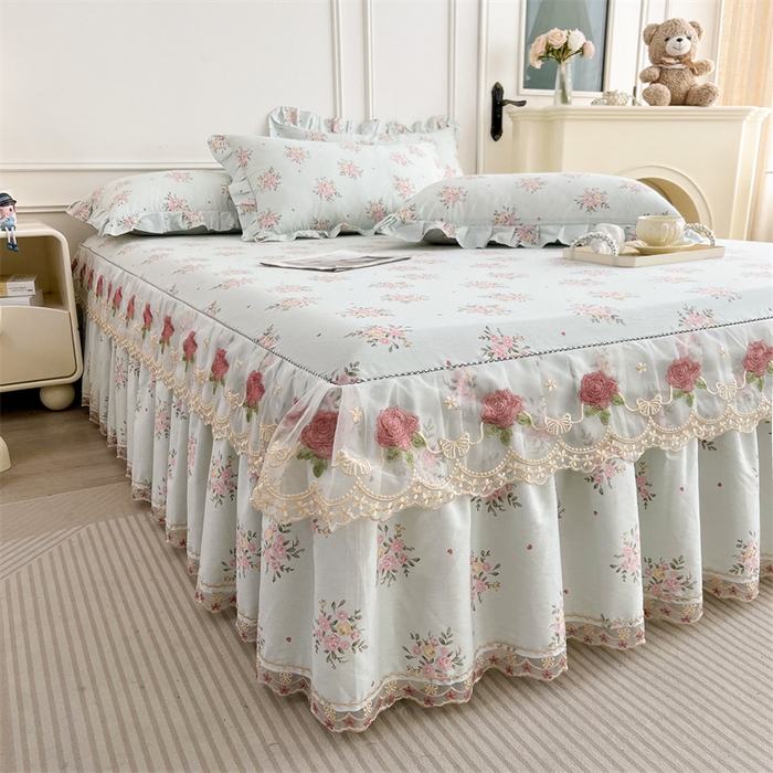 91家纺网 家纺一手货源 找家纺  十个点 2025新款全棉纯棉蕾丝花边床裙 嫣语-兰