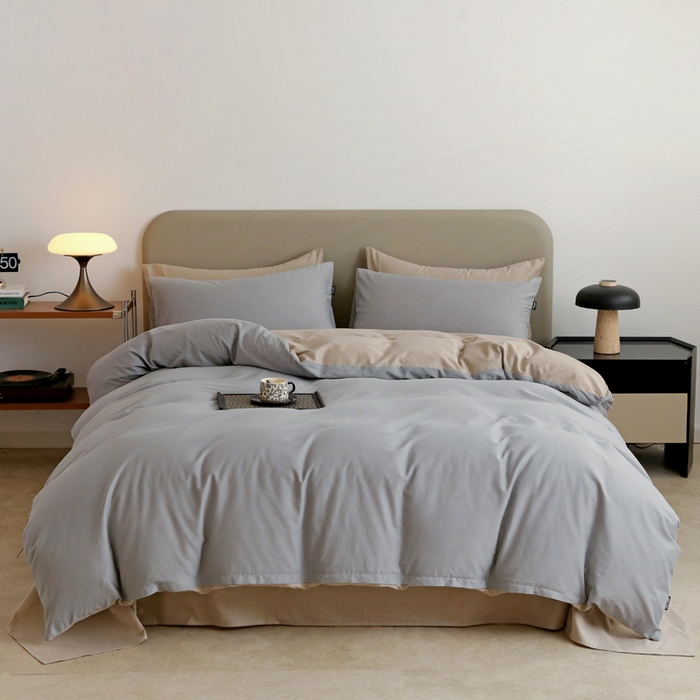91家纺网 家纺一手货源 找家纺 2025年纯色双拼60支纯棉被套 浅灰+岩石灰