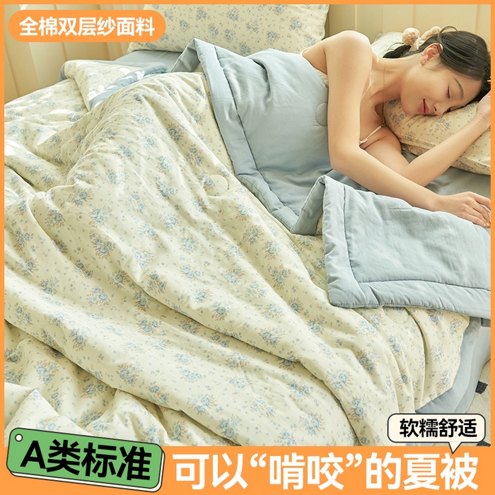 91家纺网 家纺一手货源 找家纺 金鹰 2025新款A类纯棉双层纱大豆夏被四件套全棉夏凉被空调被 花漾