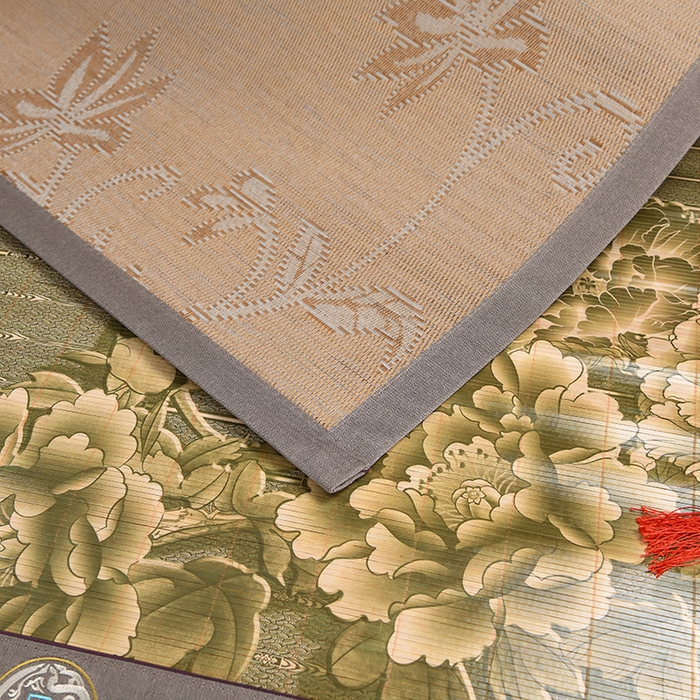 91家纺网 家纺一手货源 找家纺 苏迪凉席竹席2025新款竹席凉席冰丝席碳化双面印花藤草席 富贵花开-浅绿