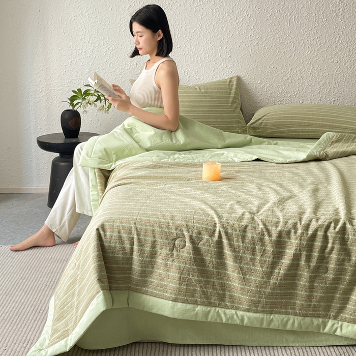 91家纺网 家纺一手货源 找家纺 吾诺 2025 全棉色织提花水洗棉大豆夏被子被芯全棉夏被四件套夏凉被空调被 摩卡绿