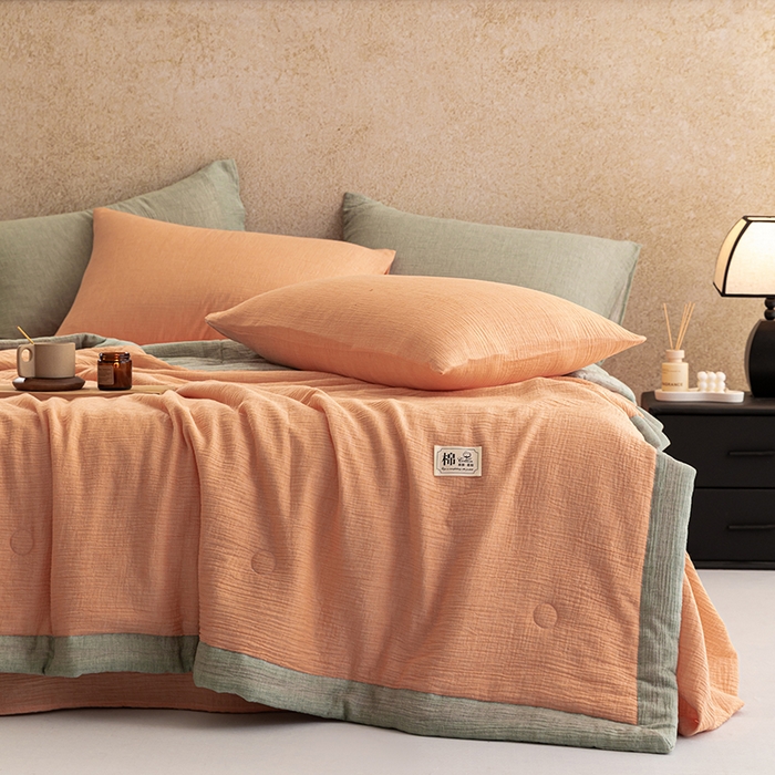 91家纺网 家纺一手货源 找家纺 吾诺 2025 纯色全棉泡泡双层纱夏被大豆夏被子被芯夏被四件套夏凉被空调被 日落桔