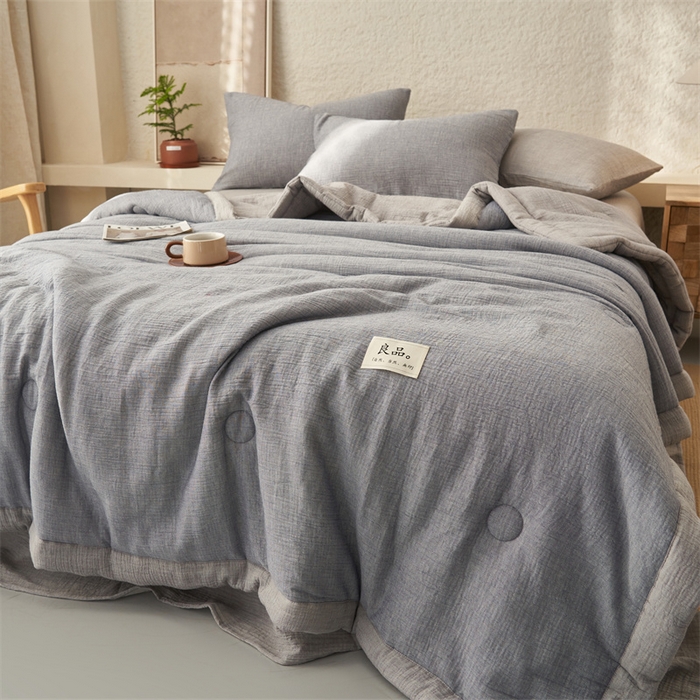 91家纺网 家纺一手货源 找家纺 金鹰2025新款A类纯棉皱皱纱大豆夏被四件套全棉夏凉被空调被 皱皱纱-复古蓝