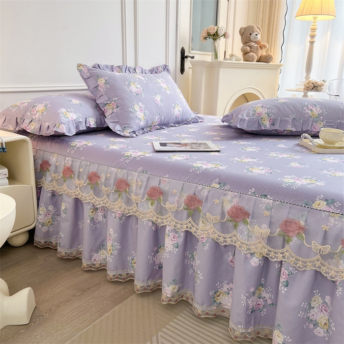 91家纺网 家纺一手货源 找家纺  十个点 2025新款全棉纯棉蕾丝花边床裙 花苒-紫