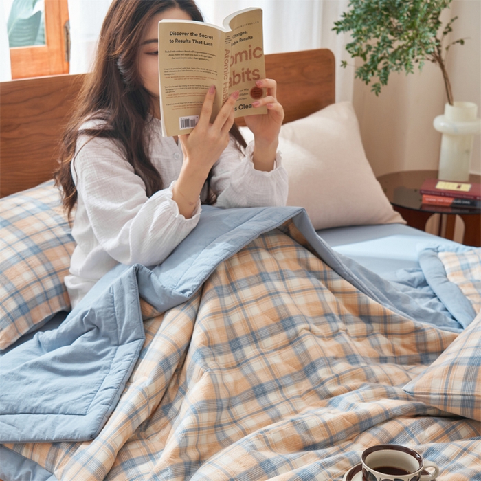 91家纺网 家纺一手货源 找家纺 2025新款A类纯棉水洗棉色织棉花夏被四件套全棉空调被夏凉被 云舒-咖