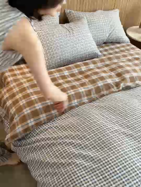 91家纺网 家纺一手货源 找家纺 安莱生活 2025 全棉双层纱苏格兰格纹系列四件套 牧人格