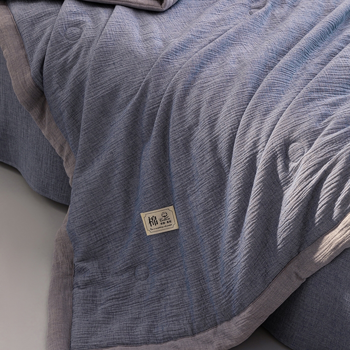 91家纺网 家纺一手货源 找家纺 吾诺 2025 纯色全棉泡泡双层纱夏被大豆夏被子被芯夏被四件套夏凉被空调被 复古蓝