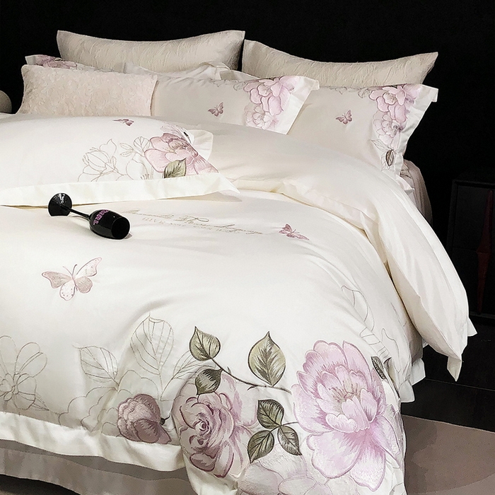 91家纺网 家纺一手货源 找家纺 2025新款全棉50s绣花刺绣款四件套 花拾-白