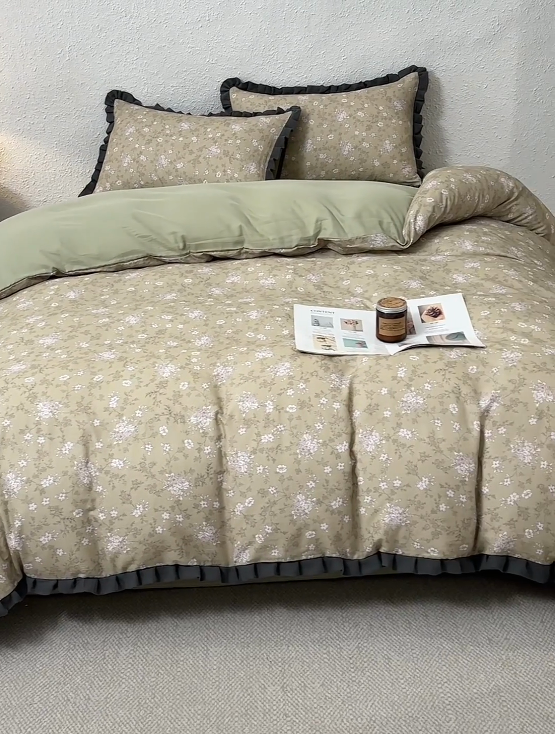 91家纺网 家纺一手货源 找家纺 2025新款A类纯棉双层纱皱皱纱花边四件套（复古风） 豆蔻